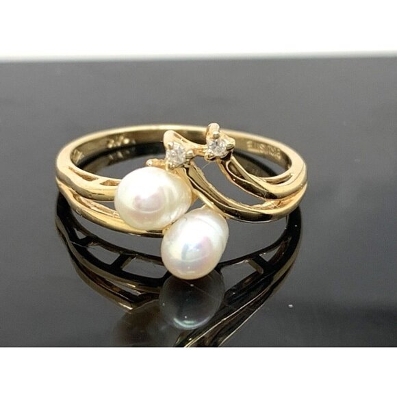 Pearl Diamond Cocktail Ring Exquisite 14k Yellow Gold Estate Women's Siz…